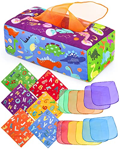 DINORUN Babyspielzeug Montessori Spielzeug, Sensorik Baby Tissue Box, enthalten Farbiges Tuch Sensorisches ab 6 7 8 9 10 Monate Mädchen Junge