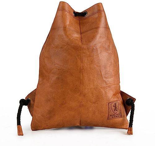 Berliner Bags Premium gymväska gymväska av läder, sportryggsäck med dragsko för kvinnor och män, brun - cognac, M, Minimalistisk
