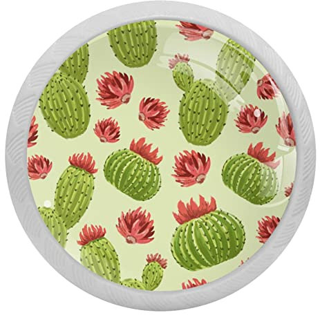 4 Pcs Cactus Green Pattern Red Paint Crystal Glass Drawer Knob Pull Handle Ergonomic 30mm Glow in The Dark Furniture Cabinet Handle for Kitchen Dresser Cupboard Wardrobe