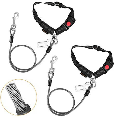 CHZUOBER Chew Proof Dog Car Seat Belt, 2 in 1 Steel Cable Dog Car Accessories Headrest Restraint Doggie Car Seatbelt for Medium Large Dogs Chewer Heavy Duty Dog Seatbelts for Cars Swivel Attach