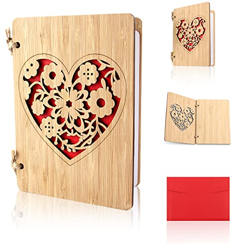 Karte aus Holz Liebe, Herz Karte, Karten Holz, Hochzeitskarten Jahrestag Karten für Sie, Valentinstag Karte Holz Handgefertigte Beschreibbare Bambuskarte mit Herz es Gibt Garn, Papier und Umschläge