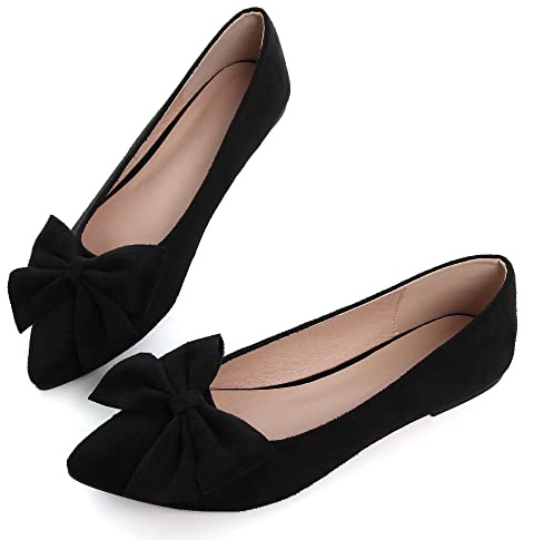 Dear Time Women's Pointed Toe Flats Dressy Wedding Shoes Cute Bowknot Loafers Wide Width Business Casual Walking Shoes Non Slip Black US 8.5