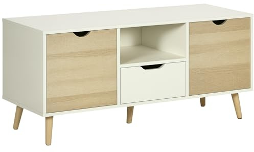 HOMCOM Mobile Porta TV max 50 Moderno con Cassetto, Ripiano Aperto e 2 Armadietti, Mobile TV con 5 Gambe in Legno di Pino, 110x40x50 cm, Bianco e Colore Legno