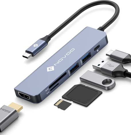 NOVOO Hub USB C Multiporta, 6 in 1 Adattatore USB C a HDMI con 100W PD Carica, HDMI 4K, 2 Porte USB 3.0, Lettore SD/Micro SD, Docking station per MacBook Air/Pro e Altri dispositivi di Type C