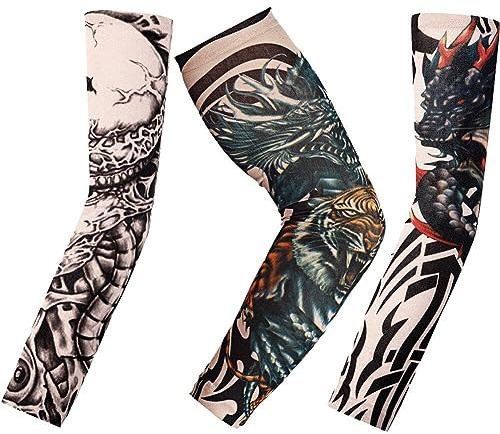 Sanfly Braccio Artistico Maniche Tatuate Finte Coprono 3 Pairs/Set Unisex Calze a Braccio Temporaneo Tatuaggi di Moda Body Art Maniche per Protezione Solare