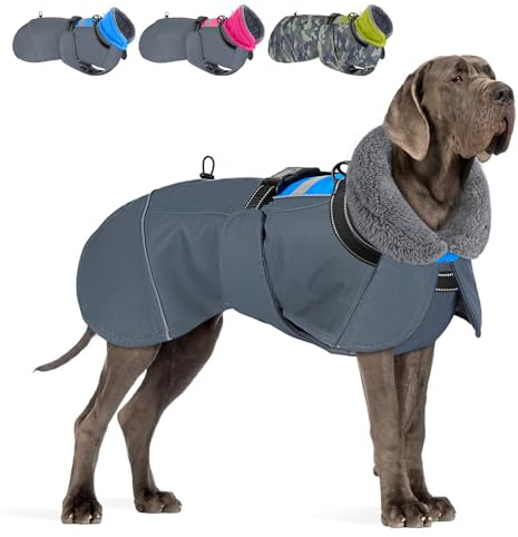 Eyein Dog Coat - Waterproof Adjustable Fleece Dog Turtleneck Jacket with Collar and Drawstring - Reflective Winter Pet Clothes for Medium Large Dogs in Cold Weather(Blue,XL)