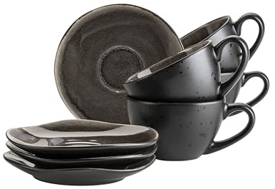 MÄSER 934071 Serie Niara Organic, modernes Kaffeetassenset für 4 Personen in aufregendem Vintage Look, 8-teiliges Kaffeetassen Set mit besonderer Glasurkombination in Schwarz und Braun, Steinzeug