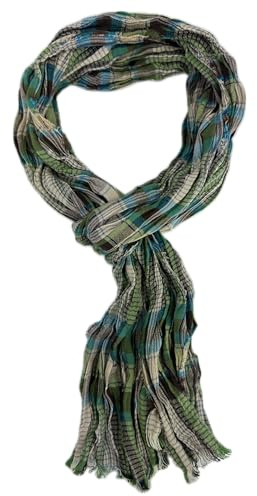 Rotfuchs Écharpe légère en coton pour femme et homme, aspect froissé, motif à carreaux, vert, beige, pétrole, fabriquée en Allemagne, Vert, beige, bleu pétrole, 180 x 15 cm (L x B)