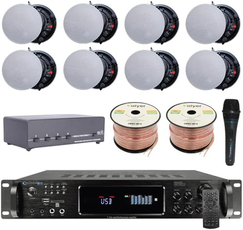 Vaiyer Kit de Sistema de Cine en casa – Amplificador Bluetooth de 7.2 Canales de 4500 vatios con 8 Altavoces de Techo sin Marco de 6.5 Pulgadas, 200 W Cada uno, selector de Altavoz de 4 Ch, micrófono