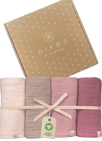 DIKOS® Baby Mulltücher 4er Premium Set (Creme, Taupe, Altrosa & Beere) – 64x64cm – saugstarke Musselintücher aus weicher Bio-Baumwolle (GOTS & OEKO-TEX) – Spucktücher Neugeborene – Geschenk zur Geburt