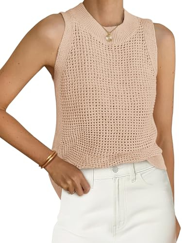 PRETTYGARDEN Summer Crochet Tank Tops for Women 2026 Casual Crewneck Hollow Out Loose Knit Sleeveless Sweater Vest Top Trendy(Apricot,Medium)