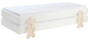 Stapelbett >Moldulo< Art. Set best. aus 2 Einzelbetten/Stapelbetten je 90 x 200 cm Liegefläche, weiß lackiert, Fuß Puzzle-Optik Kiefer natur lackiert, Maße ca.: B: 203,6 x H: 27,5 x T: 93,8 cm