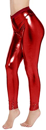 Leggins para mujer, color plateado metálico, brillante, pantalones de los años 80, cintura alta, leggings brillantes para fiesta, falda de baile, discoteca, disfraz, carnaval, espacio, pantalones