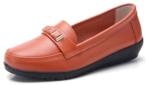 Sunporx Mujer Informal con cuña de Cuero Mocasines Cómodos Ligeros Transpirables Sin Cordones Penny Clásicos Vestir Oficina Negocios para Caminar Mocasines Zapatos Naranja 38