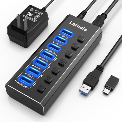 Powered USB Hub 3.0, Leinsis 7-Port USB 3.0 Hub [Durable Aluminum] 7 Data Transfer Ports+ 4 Smart Charging Ports with Individual On/Off Switches, USB Hub 3.0 Powered with Power Adapter for Laptop PC