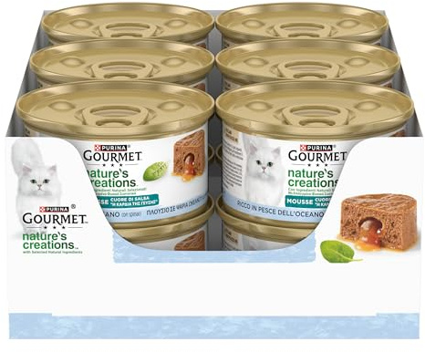 GOURMET NATURE'S CREATIONS Cuore di Salsa Cibo Umido per Gatti Adulti Mousse con Pesce dell'Oceano guarnita con Spinaci 12 lattine da 85g