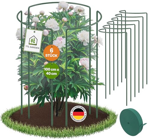 TTL GARDEN Supporto per arbusti, 100 cm x 40 cm, set da 6 pezzi + velcro, supporto per piante in acciaio inossidabile rivestito in plastica, supporto per piante, supporto per fiori, ortensie, rose