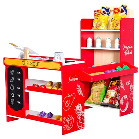VEVOR Supermarché Enfant, 72 x 90 x 89 cm, Marchande Enfants, Jeu d'Épicerie, Magasin en MDF avec Sac de Courses, Tapis Roulant, Scanner, Caisse Enregistreuse, pour Garçons et Filles de 3 Ans et Plus