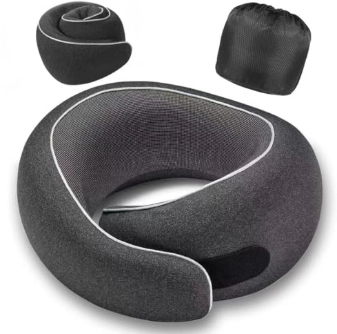 Optixion Travel Neck Pillow for Airplanes, Premium Memory Foam Neck Pillow with Ergonomic 360° Support, Travel Essentials for Plane, Car, Train and Home, Max Black