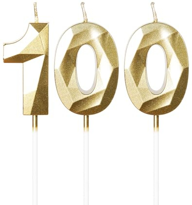 mciskin Gold 100th Birthday Candles,100th Birthday Decorations for Women Men,3D Number 100 Candle for Cake,Gold Candle Cake Toppers for Birthday Party Decorations Wedding Supplies