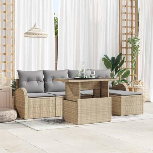 Frdhee Banco de esquina para terraza, salón de jardín, juego de sofá de jardín con cojín con almacenamiento, 6 piezas de ratán de poli beige, para jardín y terraza, fácil de mantener