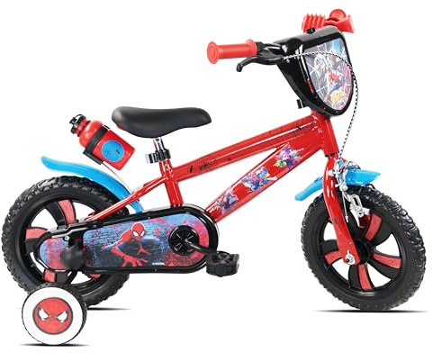 Vélo 12 Spiderman de Marvel/Disney - 1 Frein - Pignon Fixe - Pneus Increvables EVA - Roues Bâtons - Plaque - 2 Stabilisateurs - Garde Boue - Carter de Protection - Bidon arrière