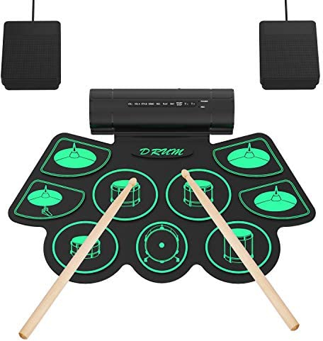 Batterie Électronique Drum Set, 9 Pads Batterie Électrique, Enceinte Intégré, Baguettes en Bois et Pédales, Roll Up Tambour pour Enfant Adulte Noël Anniversaire