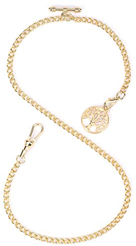ManChDa Pocket Watch Albert Chain Pocket Watch and Chain, T-bar Chain with Life Tree Pendant, Curb Link Chain 2 Hook Antique Fob T Bar for Men