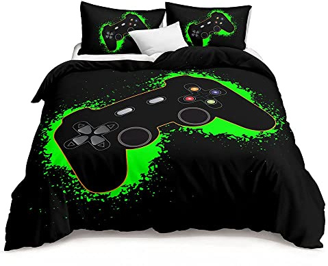 Lunoroey Gaming Bedding Set for Boys Girls Game Duvet Cover King Size for Teens Kids Men Gaming Comforter Cover Gamepad Home Decor Player 1 Duvet Cover and 2 Pillow Shams (Black Green)