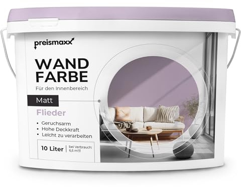 Preismaxx Profiweiß Wandfarbe lila 10L, hohe Deckkraft, Dispersionsfarbe innen, Innenwandfarbe Raumfarbe flieder deckend, Deckkraftklasse 2, matt Innenfarbe Profi Qualität