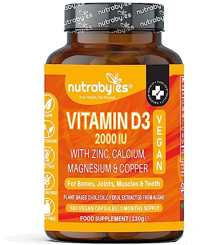Nutrabytes Vitamin D3 2000iu, 180 Capsules | High Strength Supplement with Zinc, Calcium, Magnesium & Copper | Vegan Vitamins & Minerals to Support Bones, Muscles, Teeth, Energy & Immunity | 3 Months
