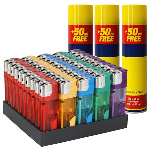 Meown Multicolour Electronic Lighters, Refillable + 3 300m Gas for BBQ, Child-Safe with Adjustable Flame, Transparent, Kitchen, Camping (Pack of 50)
