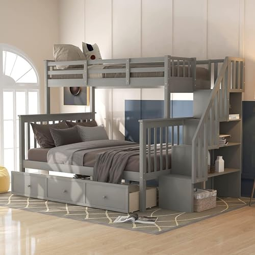 Harper & Bright Designs Stairway Bunk Bed with Storage Drawers, Twin Over Full Bunk Bed with Stairs and Full-Length Guardrails for Kids Teens Adults, Convertible to 2 Beds, Space Saving, Gray