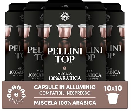 Pellini Top 100% Arabica, 100 Capsule in Alluminio Compatibili Nespresso, Miscela pregiata di Caffè 100% Arabica con Sentori di Cacao e Agrumi, 10 Confezioni da 10 Capsule