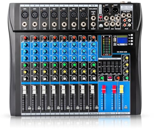 Professionelle 8 Kanal Stereo Sound Mischkonsole, Mischpult mit USB Bluetooth DJ Live Audio Mixer mit LCD-Anzeige mit Hall-Delay-Effekt für Heim-KTV, Aufnahmestudios, Live-Streaming, 48V Phantom Power