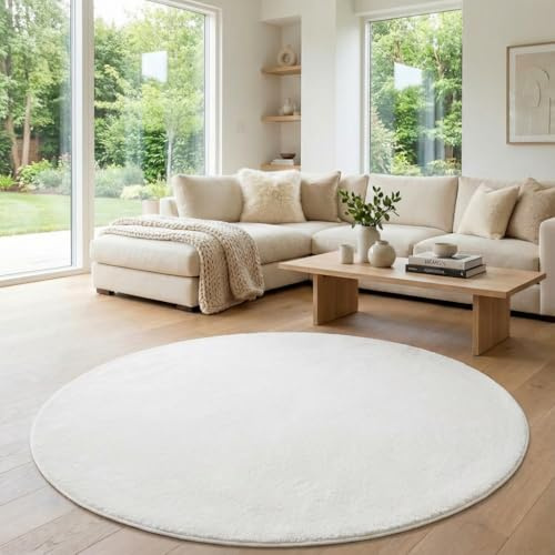 Jimri Flauschiger Teppich Läufer - Hochwertiger Kurzflor für Zuhause, Büro, Küche, Eingang, Flur, Wohnzimmer - Maschinenwaschbar - Rutschfester Teppich Waschbar - 80 cm Rund - Cream_Weiß