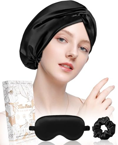 Miss Adola Bonnet en soie pour femme endormie – Bonnet de nuit pour cheveux bouclés 19 mommes avec chouchou et masque pour les yeux – Bonnet de nuit avec élastique qui reste sur la tête, noir foncé