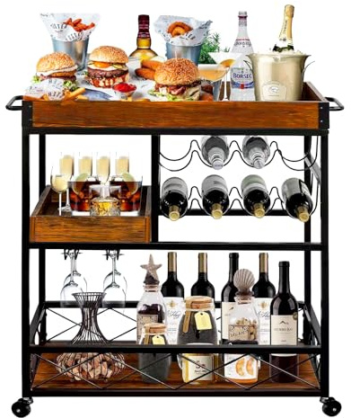Chariot de service de style industriel avec roulettes, chariot de bar avec porte-verre et bouteilles, plateau amovible, chariot de cuisine rustique marron à 3 étages pour cuisine, bar, fête, salle à