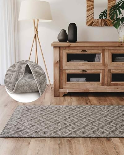 Interiyou Teppich Wohnzimmer Lecce - 70x200 cm Hellgrau - Für Schlafzimmer, Esszimmer, Kinderzimmer - Kurzflorteppich skandinavisches Boho Muster - Hoch-Tief Effekt - Flach mit Geometrischem Muster