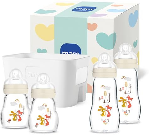 MAM Feel Good Glass Bottle Set | 0+ Mon | Babyflaschen-Set für Neugeborene | 94% Akzeptanz | stillfreundlich | hygienisch | 4 Glasflaschen & 1 Flaschenkorb | beige