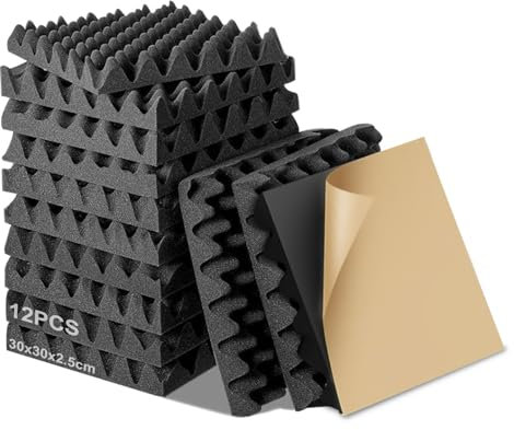 12 Stück Akustikschaumstoff Selbstklebend, 30x30x2.5cm Akustikpaneele, Schalldämmung Selbstklebend, Schallschutzplatten, Schalldämmung Wand, Pyramidenschaumstoff für Tonstudio, Aufnahmestudios, Büro
