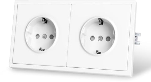 CNBINGO Enchufe doble mate con garras tensoras – Enchufe Schuko doble empotrado – 2 enchufes con protección de contacto – Placas de plástico con tacto – 80 mm x 150 mm – Blanco