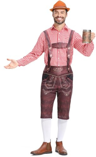 Générique Déguisement Bavarois Homme Pantalon Traditionnel Pantalon en Cuir pour Hommes Tenue Oktoberfest Ceinture Traditionnelle Ensemble Bavarois Culottes De Genou Lederhosen et Chemise