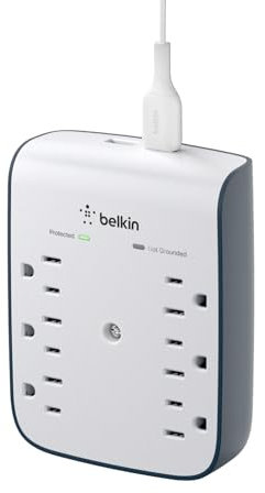 Belkin 6-Outlet Wall Surge Protector w/ 2 USB-A Ports, Wall-Mountable Surge Protector for Home, Office, Travel, Computer Desktop, Laptop, Phone Charger, & More - 900 Joules of Protection