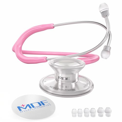 MDF Instruments, Stetoscopio leggero Acoustica per medici, infermieri, studenti, uso sanitario a domicilio, per adulti, a doppia testa, tubo rosa, auricolare-pettorale in argento, MDF747XP01