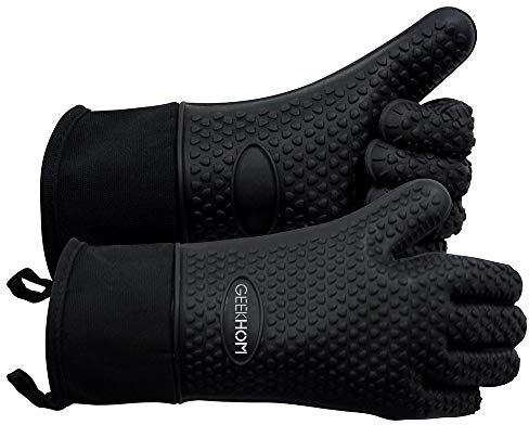 Gants BBQ Anti Chaleur Résistants - GEEKHOM Gants de Cuisine en Silicone pour Four, Grillade, Plancha et Fumoir, Imperméables et Antidérapants avec Doublure en Coton Confortable