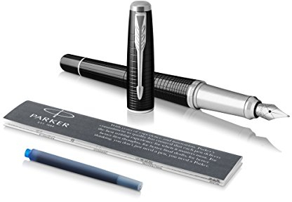 Parker Urban Fountain Pen | Premium Ebony Metal Chiselled | Medium Nib with Blue Ink | Gift Box