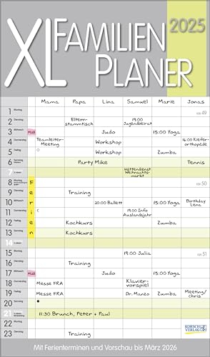 XL Familienplaner 2025 Pastell: Familienkalender mit 6 breiten Spalten. Hochwertiger Familientimer mit Ferienterminen, extra Spalte, Vorschau bis März 2026 und nützlichen Zusatzinformationen.