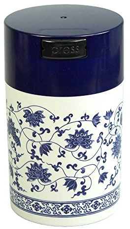 Tightpac America, Inc. Luftdichter Behälter, Blaue Kappe, weiße Kappe und Blumenmuster