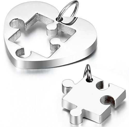 JewelryWe 2pcs Couples Stainless Steel Heart Puzzle Pendant Love Necklace Set for Men Women, 18 and 21.3 inch Chain, Silver